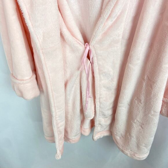 Tommy Hilfiger Pink Star Print Hooded Robe Sz L XL Soft Faux Fur Texture Pockets - Picture 9 of 11